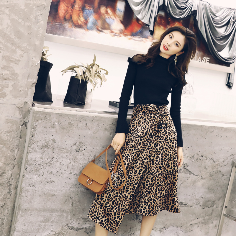 裙子女2018新款不規則半身裙高腰秋冬豹紋百搭中裙時尚針織衫套裝