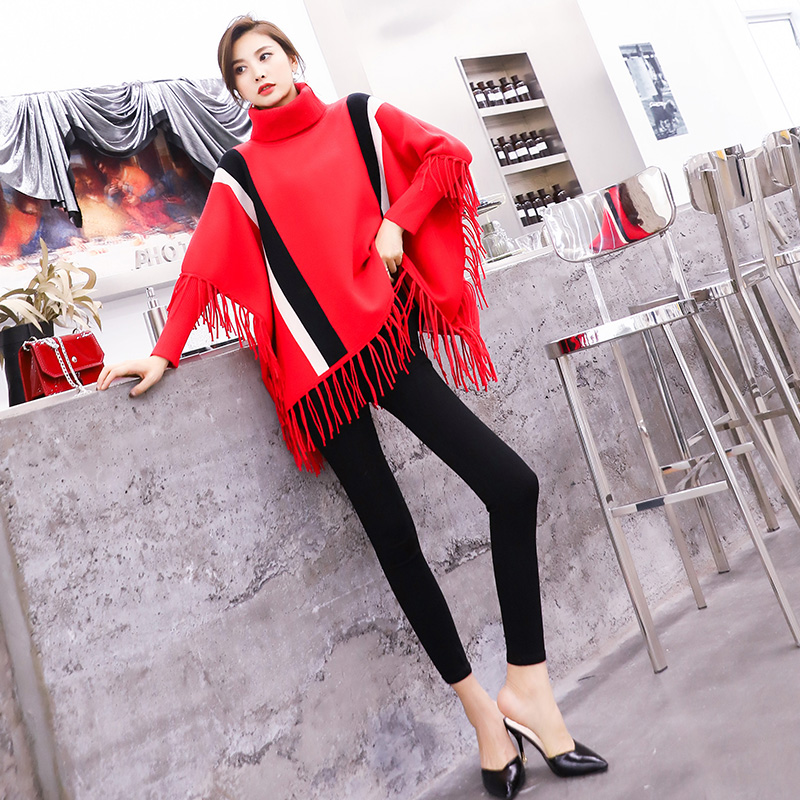 S秀淑女氣質2018秋季新款高領流蘇針織上衣緊身九分褲套裝潮