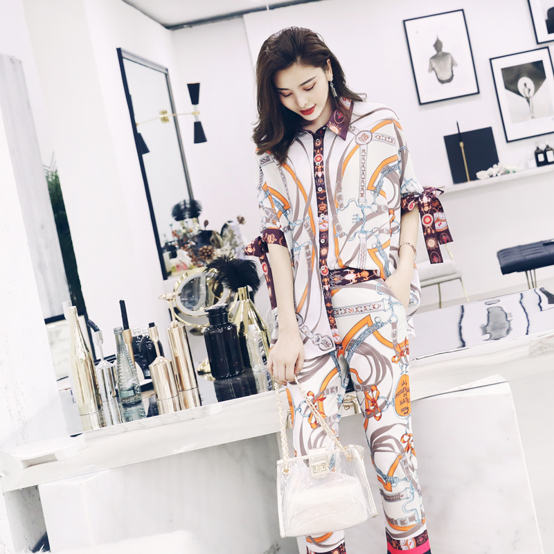 歐洲站名媛氣質五分袖洋氣中袖襯衫上衣印花小腳褲時尚套裝兩件套