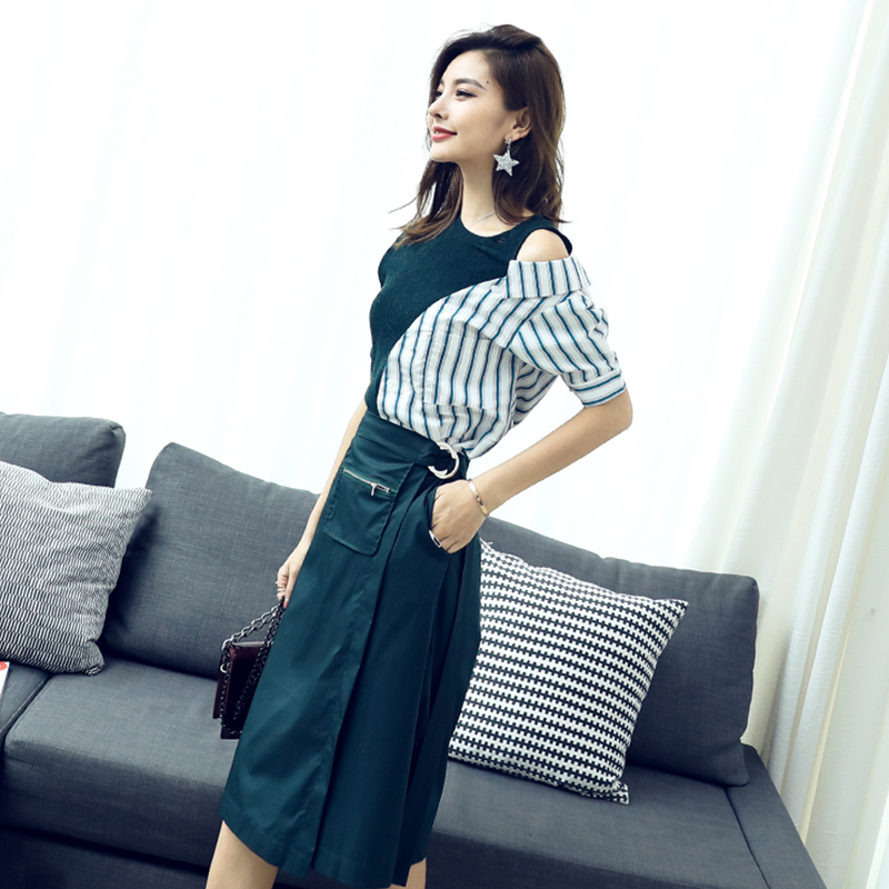 S秀歐洲站時髦拼接針織露肩上衣顯瘦半身裙女士夏裝時裝時尚套裝