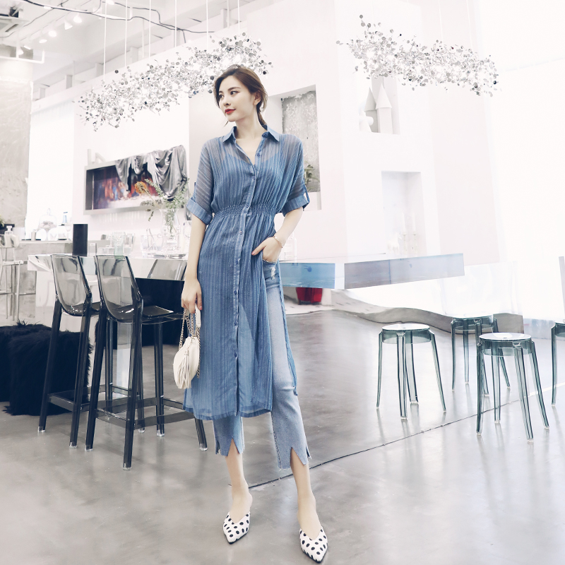名媛慵懶風2018夏季新女裝中長款開叉襯衫吊帶背心牛仔褲三件套裝