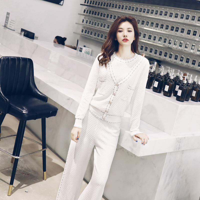 名媛闊腿褲套裝女韓版休閑短袖T恤上衣長袖針織開衫三件套春秋