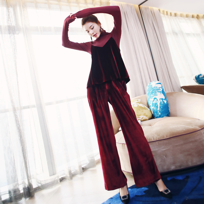 復古洋氣網紅絲絨三件套裝長袖上衣吊帶長褲闊腿褲秋裝女2018新款