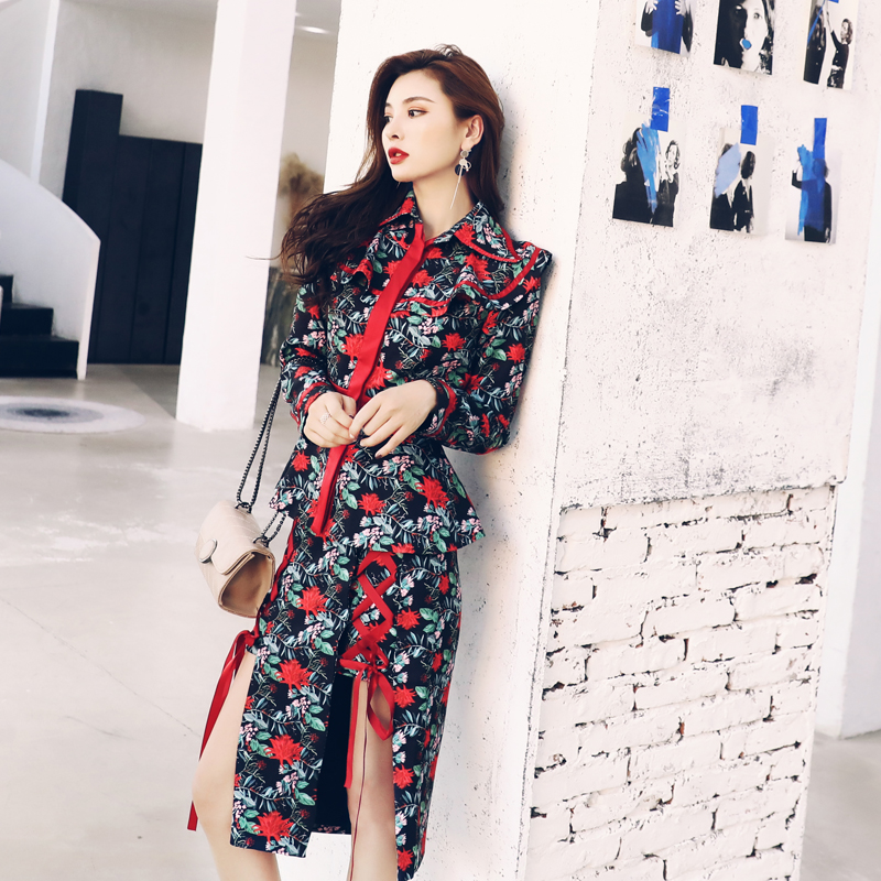 高端女裝網紅同款連衣裙女印花不規則半身裙碎花上衣兩件套裙套裝