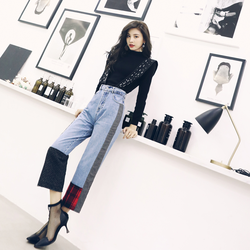 名媛氣質秋裝女2018新款針織衫上衣高腰拼接牛仔背帶褲九分褲套裝