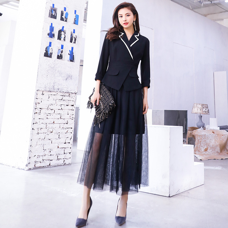 名媛氣質韓版時尚網紅修身氣質收腰假兩件套連衣裙女2018新款