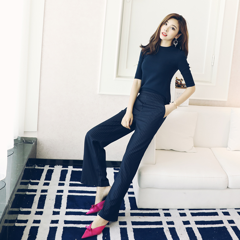 S秀英倫風2018夏季新款短袖收腰顯瘦條紋連體直筒褲氣質修身潮