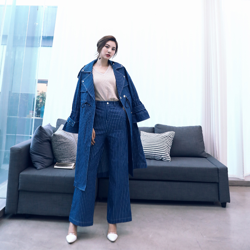 2018時尚秋韓版條紋中長款帥氣風衣外套時髦兩件套長闊腿褲套裝女