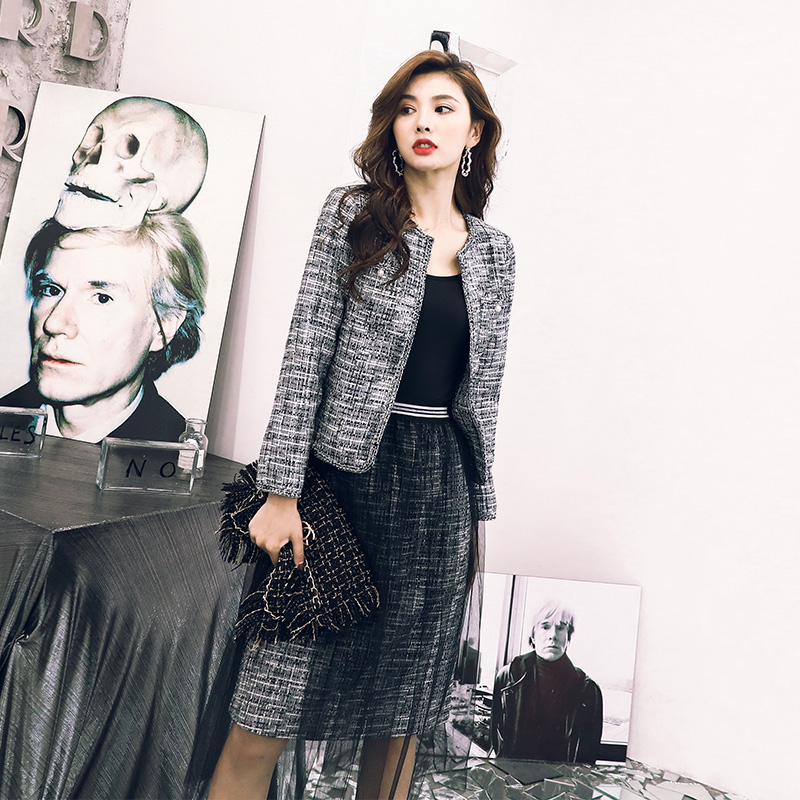 初秋兩件套女2018新款圓領外套網紗拼接半身裙氣質港風時尚套裝潮