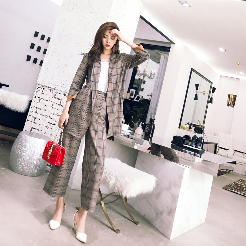 歐洲站2018秋季新款復古格子西裝外套寬松百搭長褲休閑闊腿褲套裝