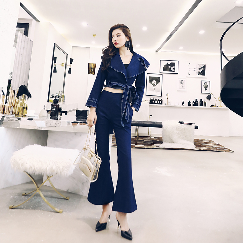 名媛氣質洋氣套裝秋季女2018新款收腰顯瘦牛仔上衣外套喇叭褲長褲