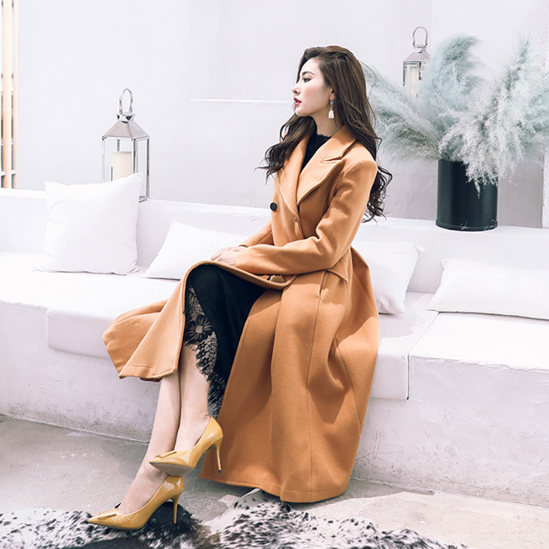 名媛氣質2018秋冬韓版風衣毛呢外套雙排扣中長款駝色收腰翻領大衣