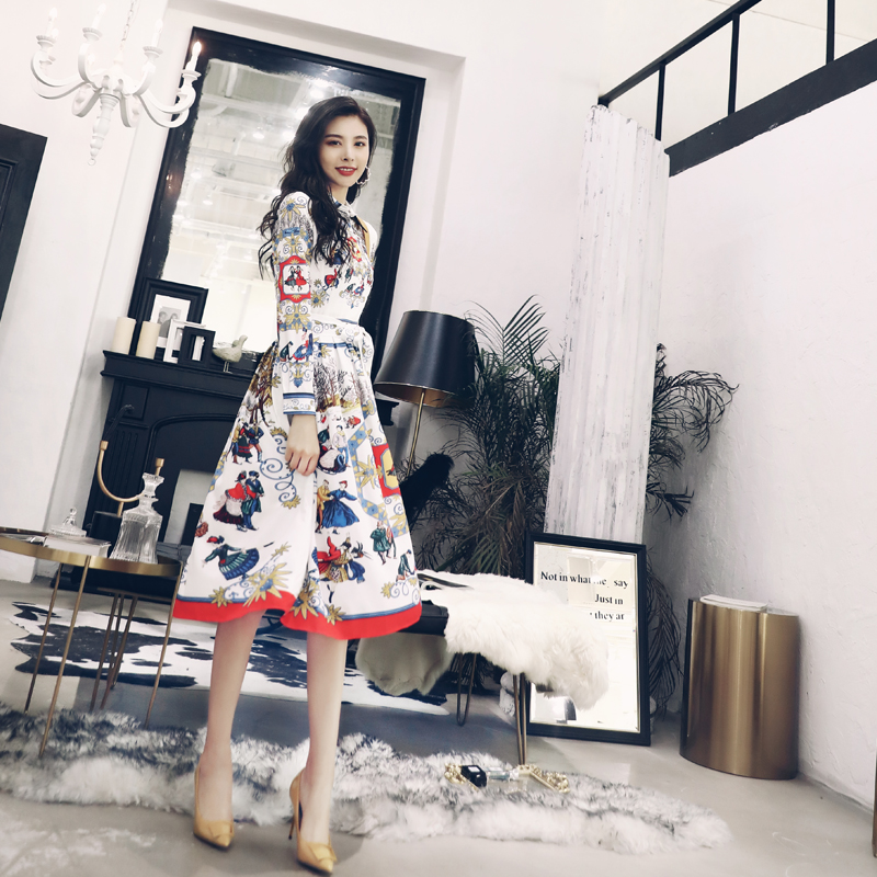 長袖連衣裙2018秋走秀款系帶連衣裙女中長款印花顯瘦復古仙女裙