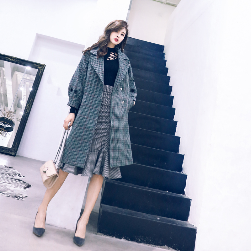 2018秋冬裝新款女裝流行格子系帶毛呢外套中長款西裝領呢子大衣