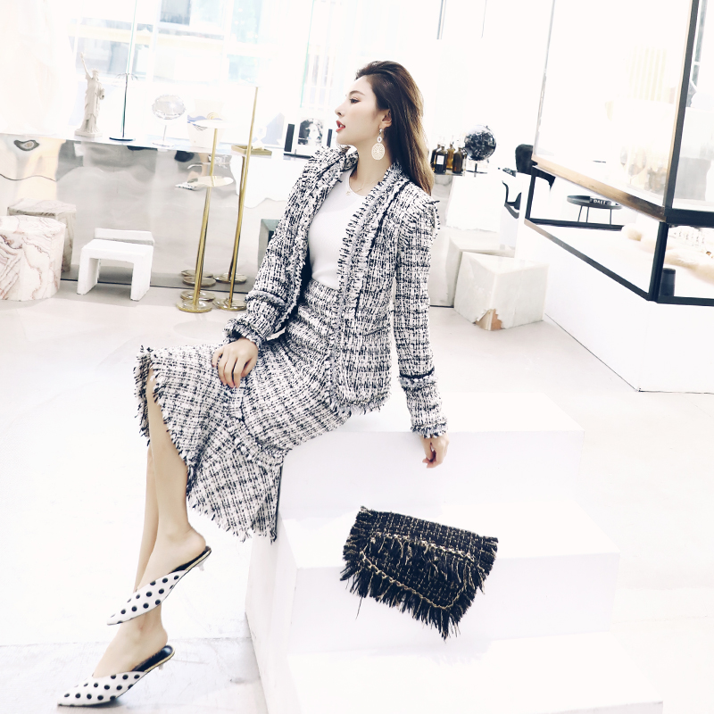 女神套裝女2018秋冬新款名媛氣質復古花呢外套毛呢魚尾半身裙子