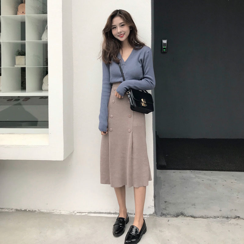 秋冬季女神范小清新針織套裝復古港味毛衣配裙子網紅兩件套裝女潮