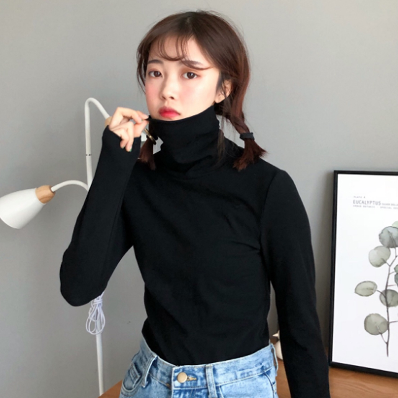 秋季女裝韓版氣質純色高領修身顯瘦打底衫學生長袖休閑T恤上衣潮