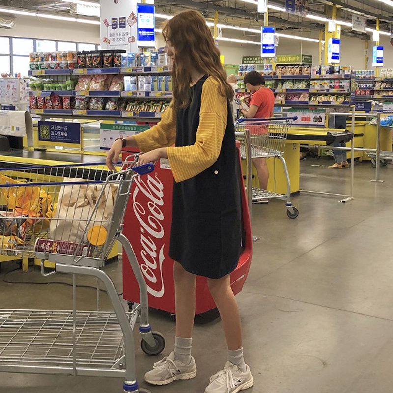 韓版時尚休閑套裝秋裝女裝條紋長袖T恤+中長款側排扣背心裙兩件套