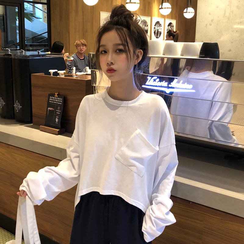秋裝女裝韓版前短后長寬松百搭純色t恤長袖休閑顯瘦打底體恤上衣