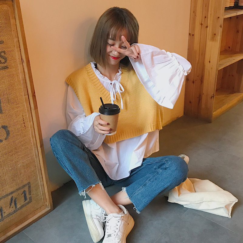 韓版時尚休閑套裝秋季女裝短款針織衫馬甲背心+喇叭袖襯衫兩件套