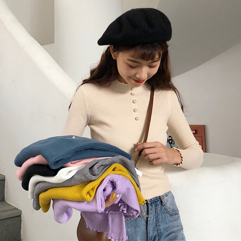 2018新款秋冬女裝韓版純色修身木耳邊套頭網紅打底針織衫毛衣上衣