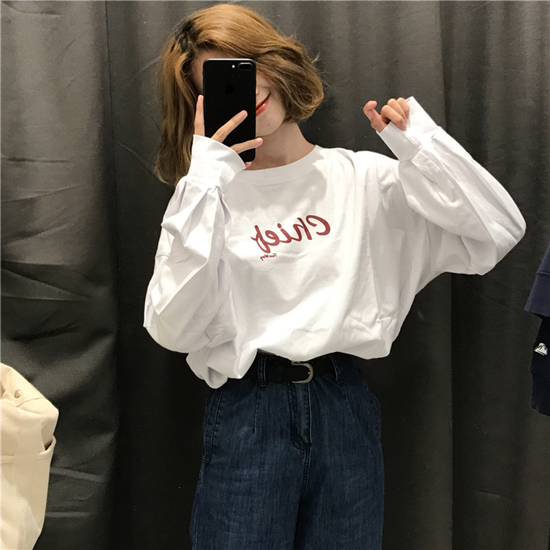 秋季女裝韓版寬松百搭顯瘦字母套頭長袖T恤中長款休閑體恤上衣潮