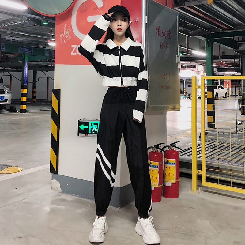 韓版休閑運動套裝秋季女裝條紋撞色長袖上衣+松緊腰哈倫褲兩件套