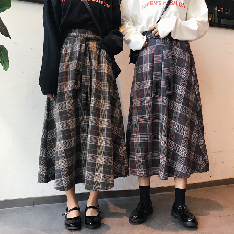 秋季韓版中長款復古寬松格子腰帶半身裙高腰A字裙長裙學生裙子女