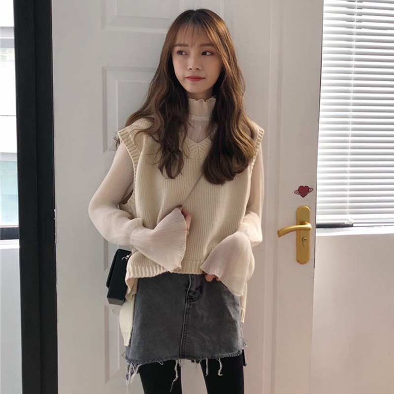 韓版時尚休閑套裝秋季女裝v領針織馬甲背心+壓褶打底衫上衣兩件套