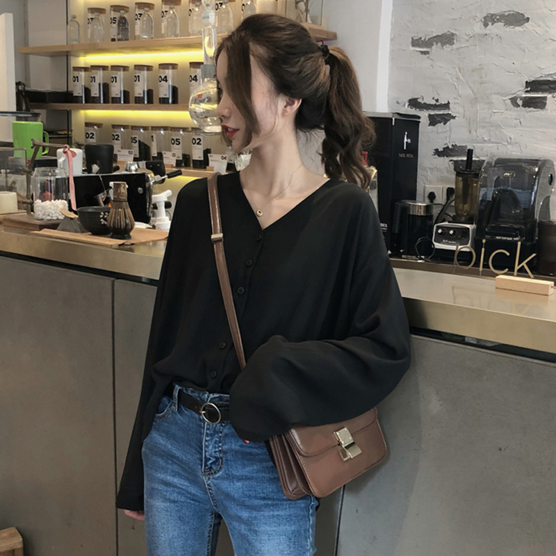 秋裝女裝韓版氣質純色寬松V領雪紡衫襯衣學生長袖休閑襯衫上衣潮