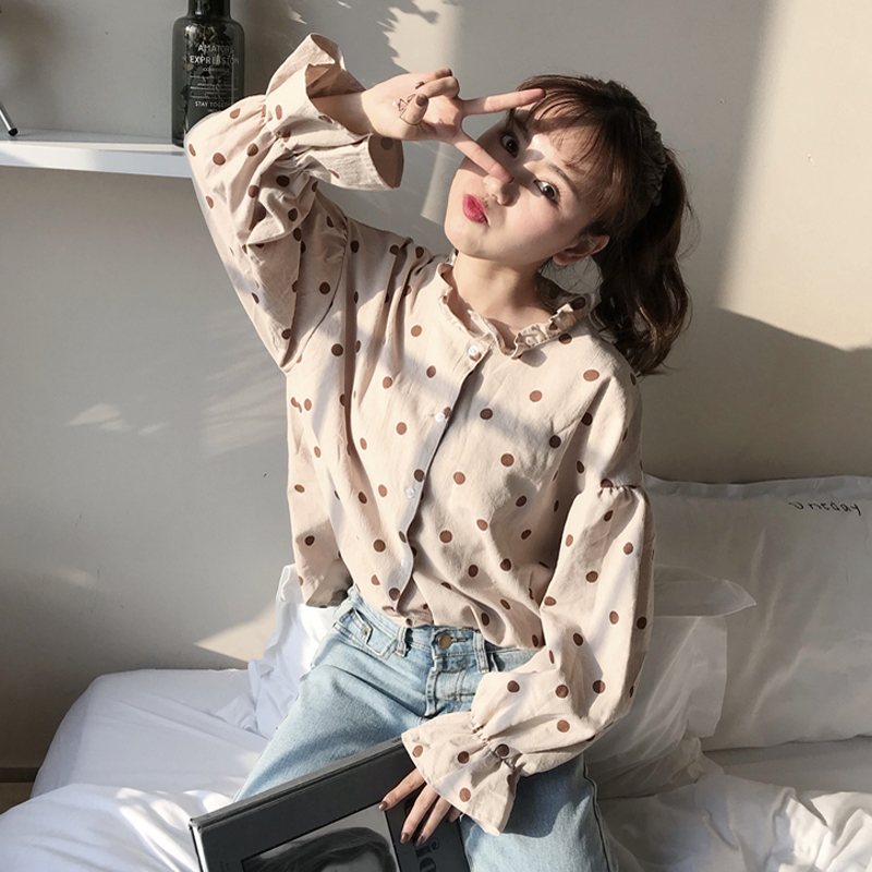 秋裝女裝2018新款韓版寬松波點燈籠袖長袖襯衫打底衫學生休閑襯衣