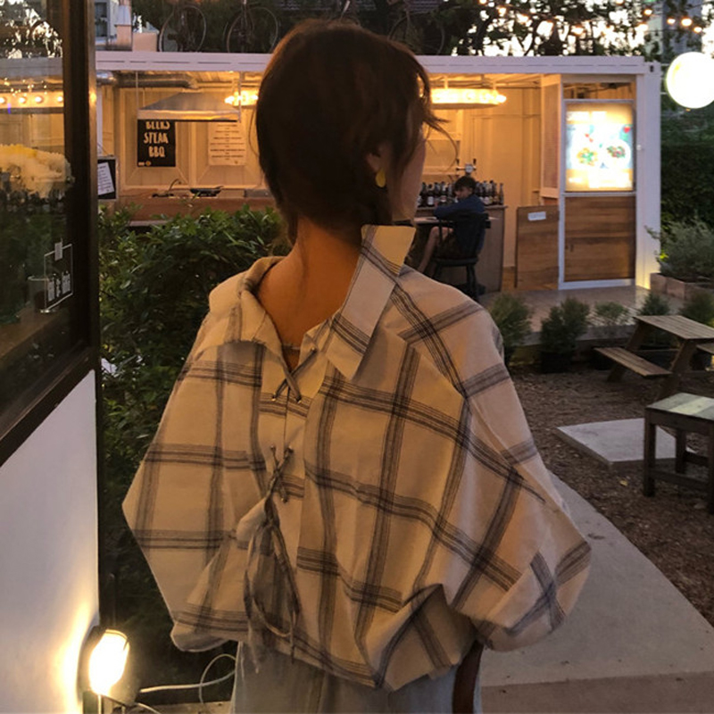 秋裝女裝韓版寬松個性后背小心機系帶格子襯衫長袖打底衫襯衣上衣