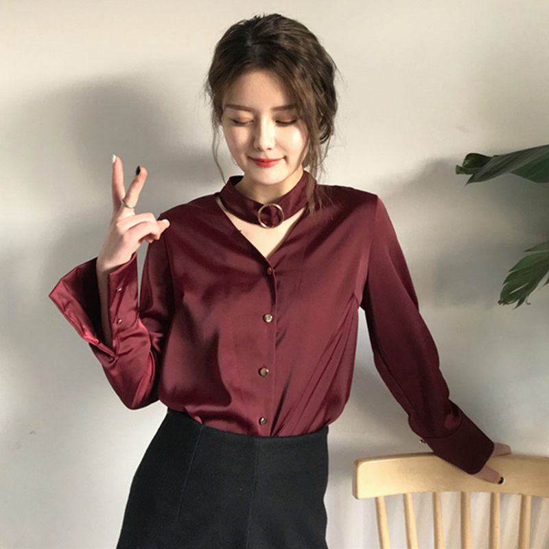 秋裝女裝韓版復古寬松百搭氣質純色長袖襯衣學生休閑顯瘦襯衫上衣