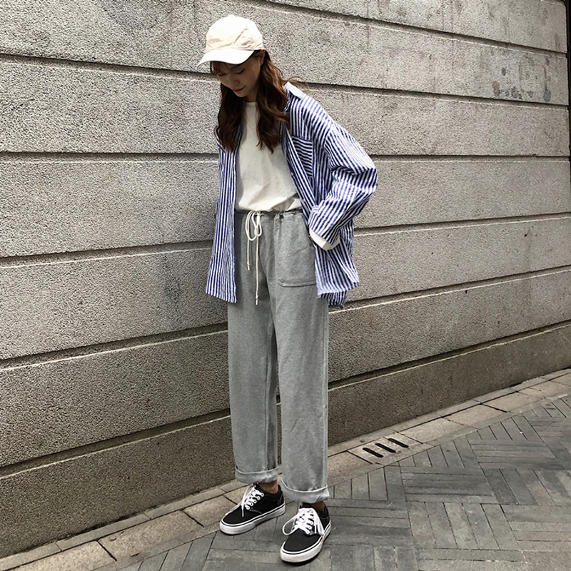 韓版時尚休閑套裝秋季長袖條紋襯衫外套+抽繩高腰直筒褲兩件套女