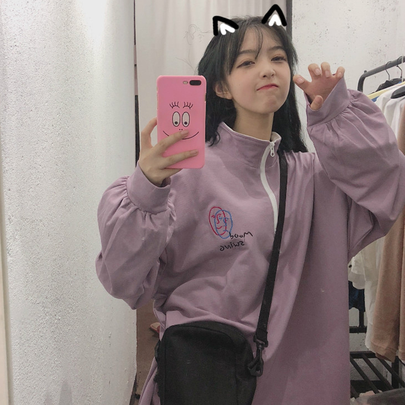 秋季女裝韓版中長款BF風寬松Polo領刺繡拉鏈套頭長袖衛衣上衣外套