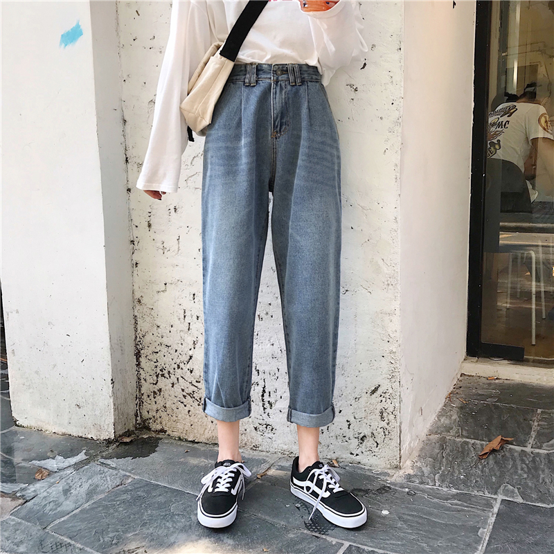 秋裝女裝韓版寬松復古水洗做舊牛仔褲高腰顯瘦闊腿褲直筒褲九分褲