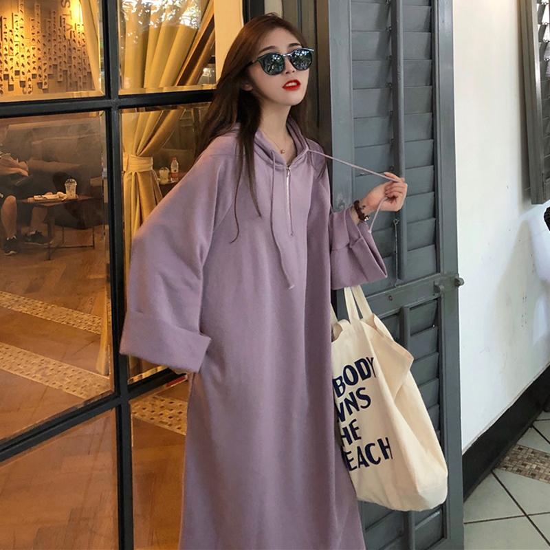 秋季女裝2018新款韓版復古寬松慵懶風口袋連帽長款超火衛衣裙外套
