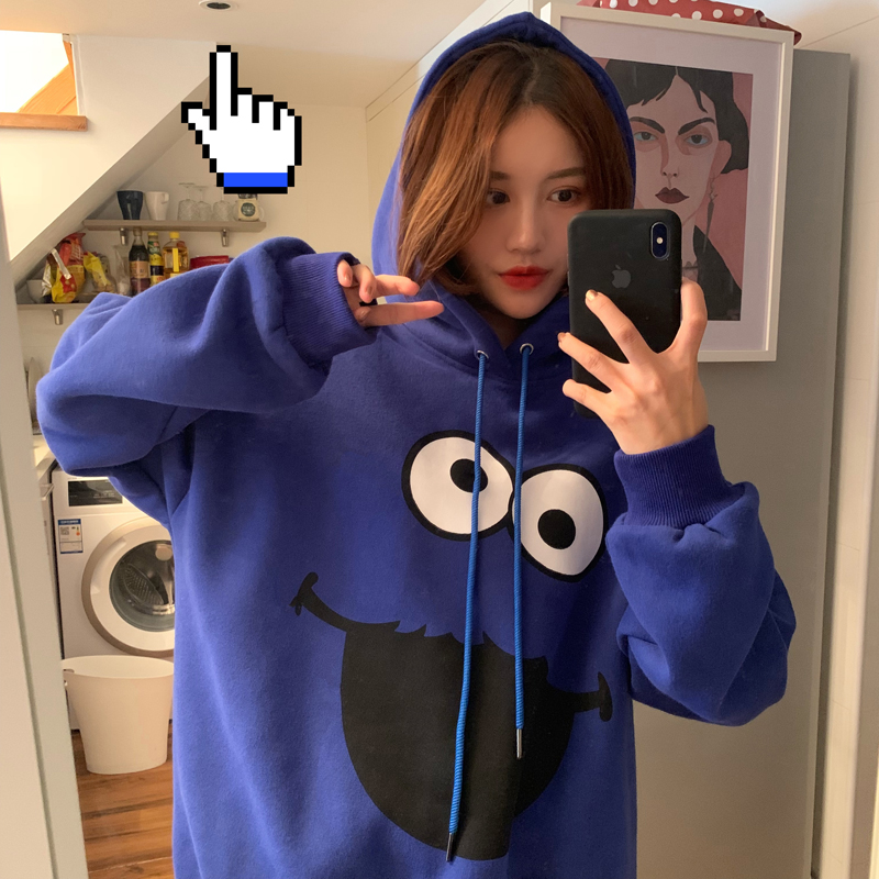 2018新款秋冬女裝韓版原宿風中長款卡通加絨加厚連帽衛衣上衣外套