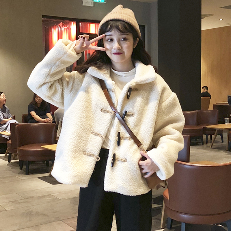 2018新款冬季韓版復古寬松牛角扣加厚保暖仿羊羔毛棉衣棉服外套女