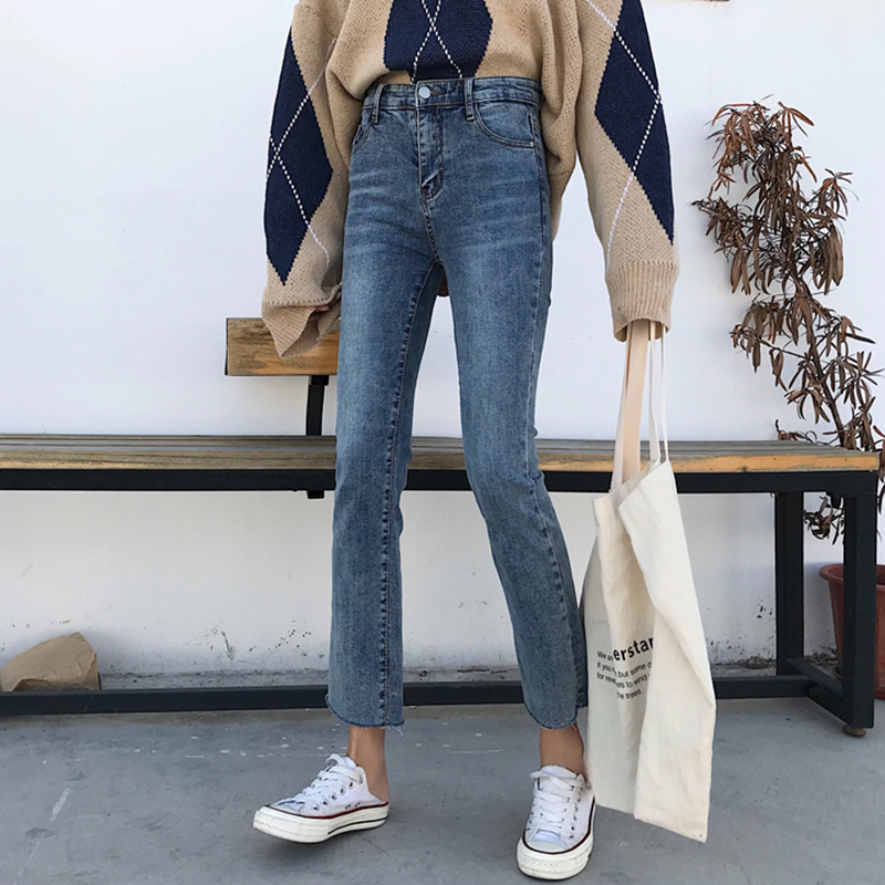 怪味少女高腰顯瘦九分牛仔褲秋冬裝新款韓版復古初戀休閑微喇褲子