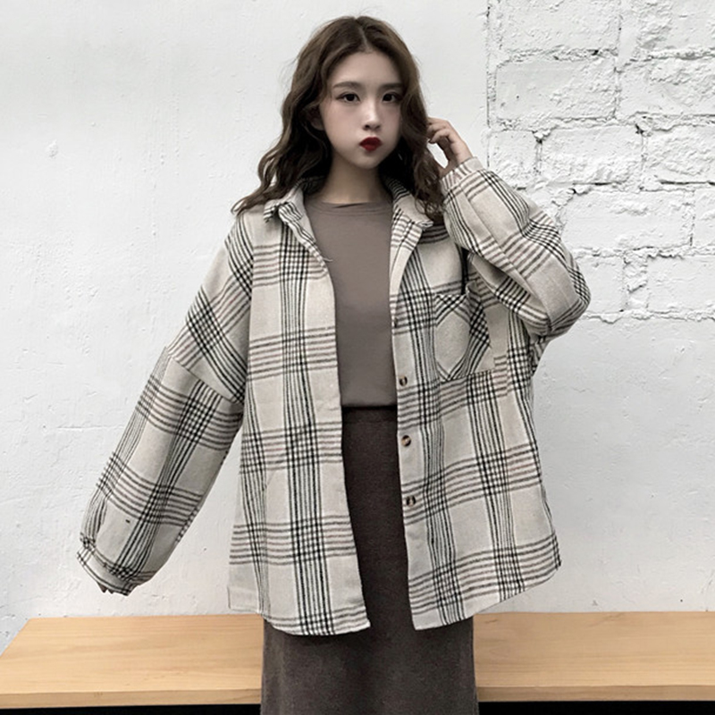 復古格子毛呢外套秋冬女裝2018新款寬松長袖休閑襯衫學生時尚上衣
