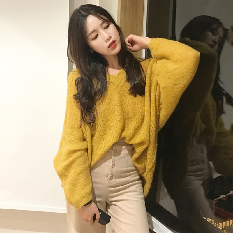 寬松慵懶風毛衣女2018新款學生套頭針織衫秋裝V領長袖休閑上衣潮