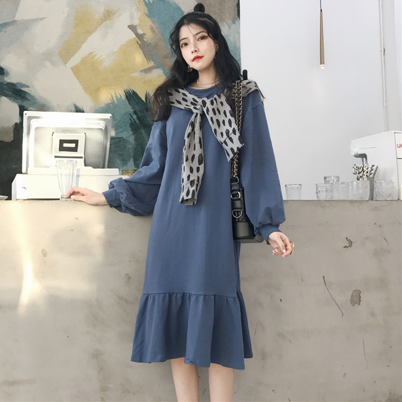 秋裝女2018新款韓版拼接假兩件荷葉邊連衣裙時尚燈籠長袖中長裙子