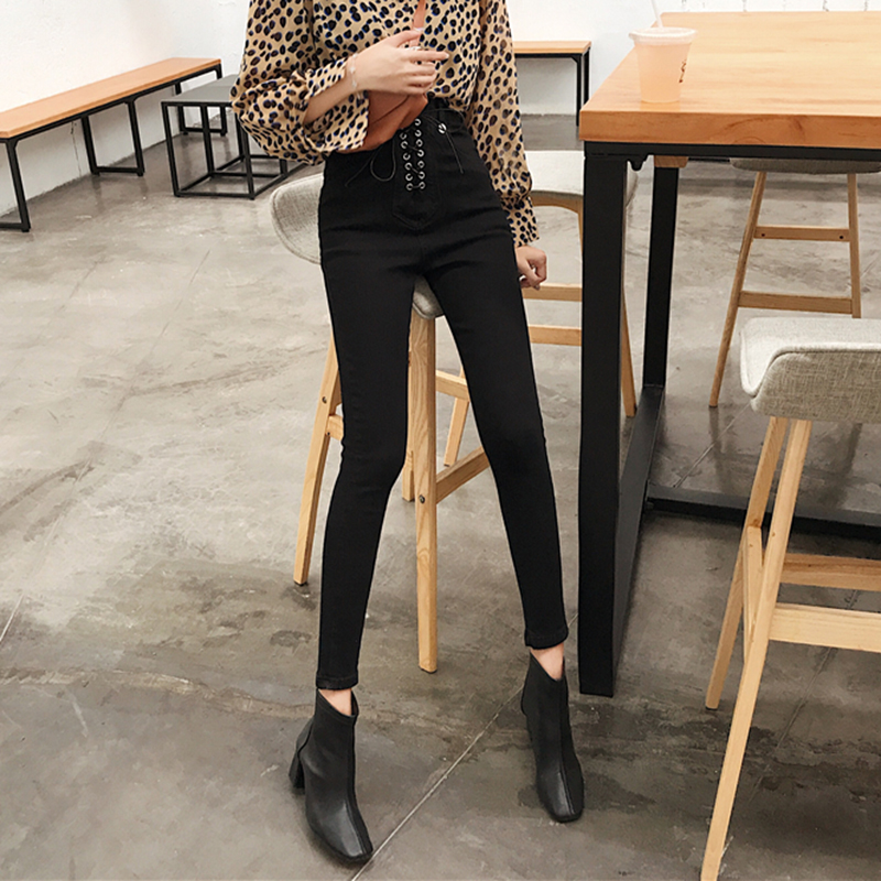 時尚綁帶修身彈力鉛筆秋裝女2018新款高腰牛仔長褲子黑色小腳褲潮
