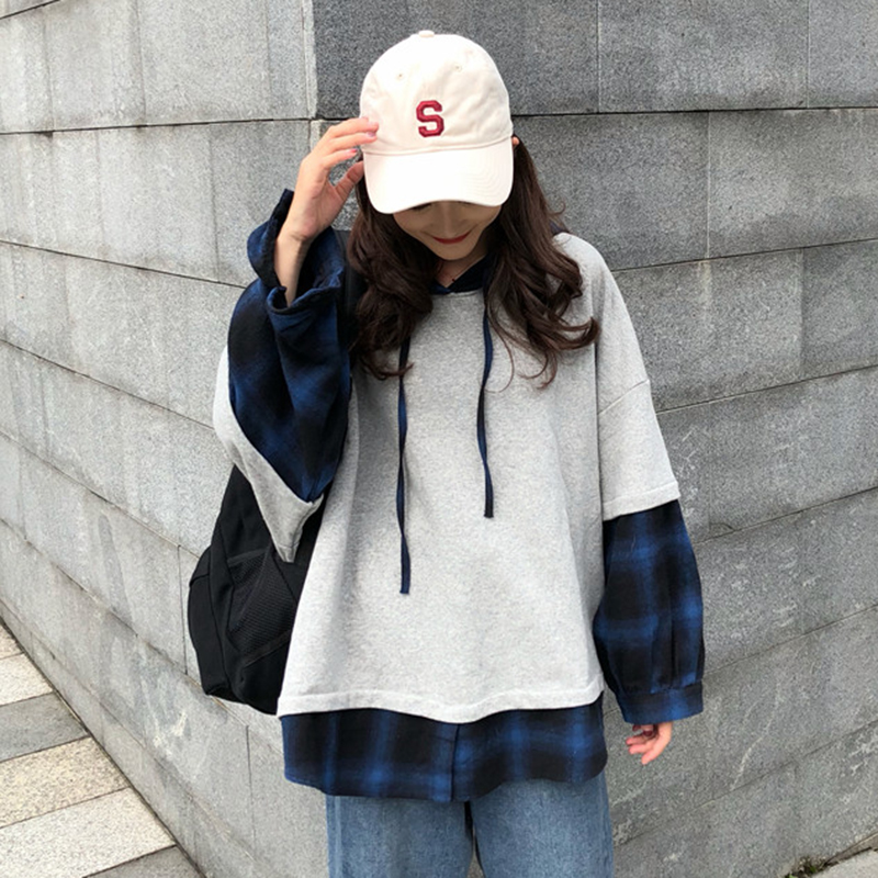 個性拼接格子假兩件連帽衛衣女秋裝新款寬松長袖上衣學生時尚外套