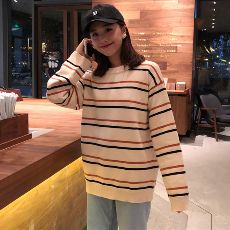 chic慵懶風套頭針織衫女秋冬裝2018新款韓版百搭條紋寬松毛衣外套