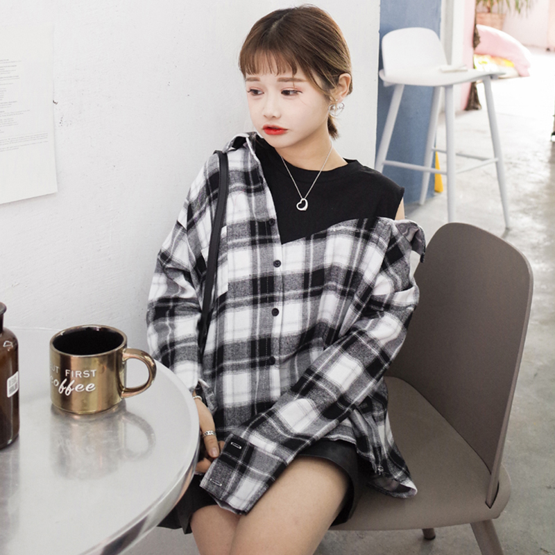 春季新款女裝拼接假兩件復古格子露肩寬松顯瘦學生長袖襯衫上衣女
