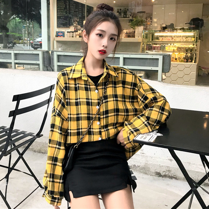 襯衣2018新款黃紅色格子襯衫外套女秋原宿polo衫女可愛日系韓上衣