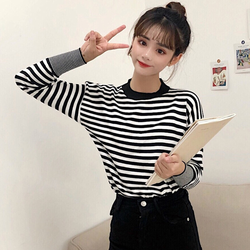 氣質條紋修身顯瘦打底針織衫女秋冬裝新款外穿套頭上衣圓領T恤潮