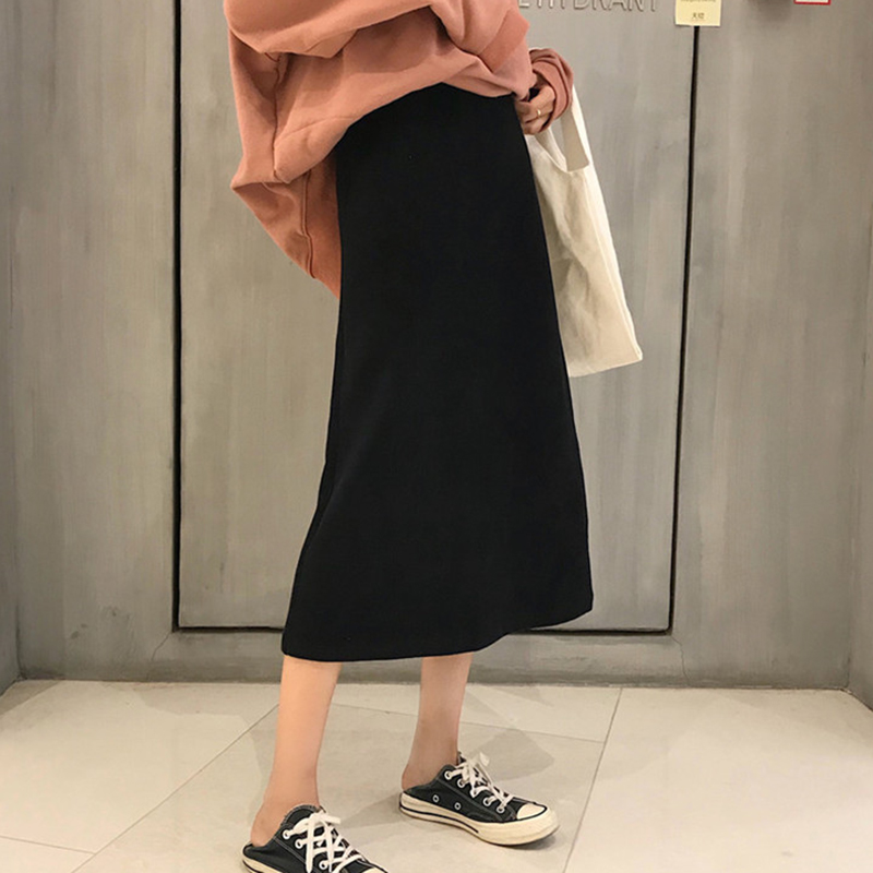 秋裝女2018新款韓版chic學生高腰開叉半身裙時尚氣質黑色中長裙子